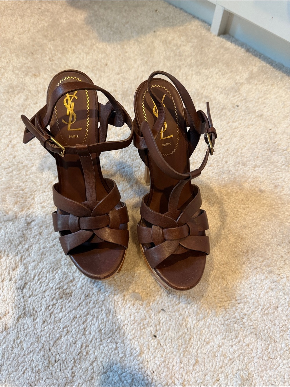 Saint Laurent Brown Leather Knotted Wedge Sandals